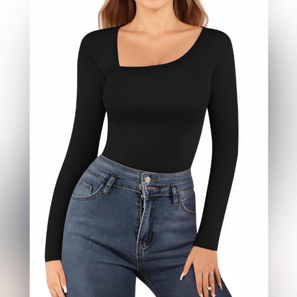 Mangopop Black Long Sleeve Asymmetrical Neckline Bodysuit Size XXL - Picture 4 of 10